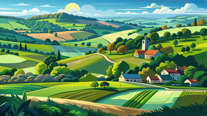 Endless lush pastures and farmlands of England. Beautiful English countryside with emerald green fields and meadows. © williamnoah