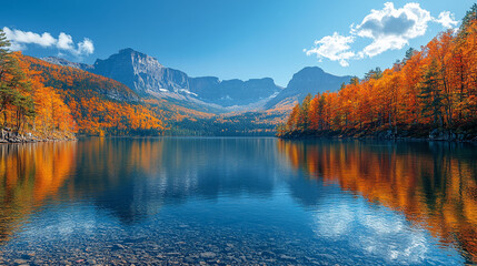 Obraz premium A blue lake surrounded by colorful fall trees with rocky mountains in the background.