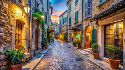Fototapeta premium Narrow cobblestone street lined with historic buildings and charming shops in Antibes old town at sunset