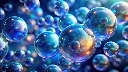 A cluster of iridescent blue bubbles floating in mid-air, surrounded by a blurred background, creating a sense of depth and dimensionality , gelatinous orbs, transparent spheres