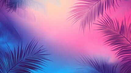 Obraz premium Silhouettes of palm leaves gently swaying in the wind, cast against a vibrant neon gradient background blending pink and blue tones