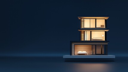 clean energy solar solutions concept. Modern three-story house model with illuminated windows against a dark backdrop.