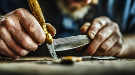 Knife maker honing a custom blade, precision and artisanal craftsmanship