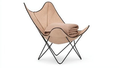 Modern Butterfly Chair with Soft Beige Fabric and Cozy Blanket on White Background