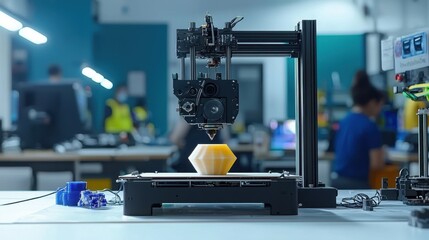 Fototapeta premium A 3D printer creates a geometric object in a modern workshop, showcasing advanced technology and innovation in manufacturing.