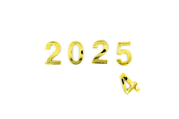 Gold 2025 numerals on a white background. 2025 New Years Eve Celebration, Holiday background Happy New Year 2025. Numbers of year 2025, celebrating New Year holiday, Space for text