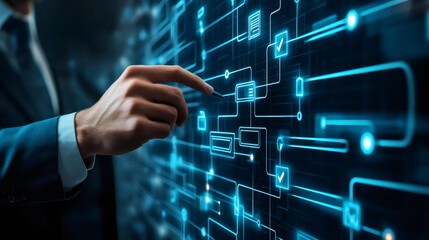 Businessman managing digital workflow using futuristic interface