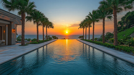 Obraz premium A sunset view over an pool framed by palm trees.