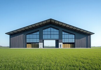 Fototapeta premium Modern Agricultural Building with Steel Structure and Large Windows Surrounded by Lush Green Grass Under Clear Blue Sky in Rural Landscape
