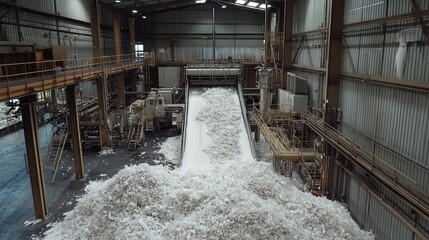 A large industrial facility shows a conveyor system spilling out a significant amount of material, likely in the processing or recycling sector.