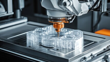 A robotic arm is precisely machining a clear plastic part on a CNC milling machine in a modern manufacturing setting.