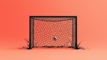 Soccer Goal with Ball and Cracked Ground on Vibrant Orange Background