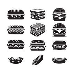 Black and White Sandwich and Burger Icons vector art