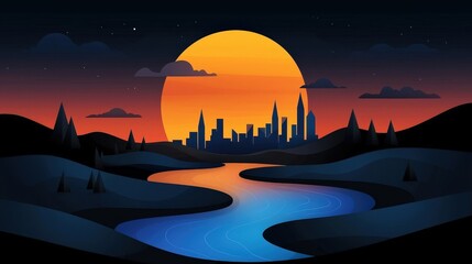 Obraz premium Vibrant Sunset Over a Silhouette City Skyline with Calm River and Rolling Hills at Dusk