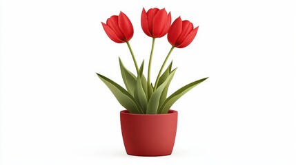 Fototapeta premium Vibrant Red Tulips in Decorative Red Pot with Lush Green Leaves on White Background