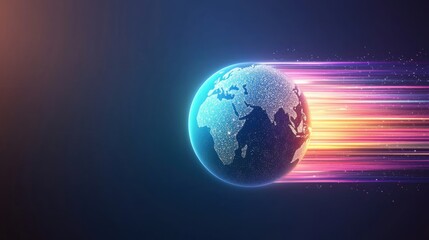 Fototapeta premium World Map Rainbow A spinning globe with rainbow light trails, dynamic and visually appealing.