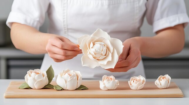 Pastry chef crafting delicate sugar flowers, culinary mastery in focus