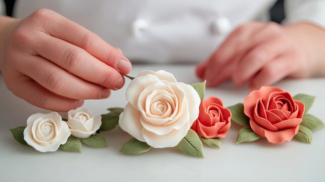Pastry chef crafting delicate sugar flowers, culinary mastery in focus