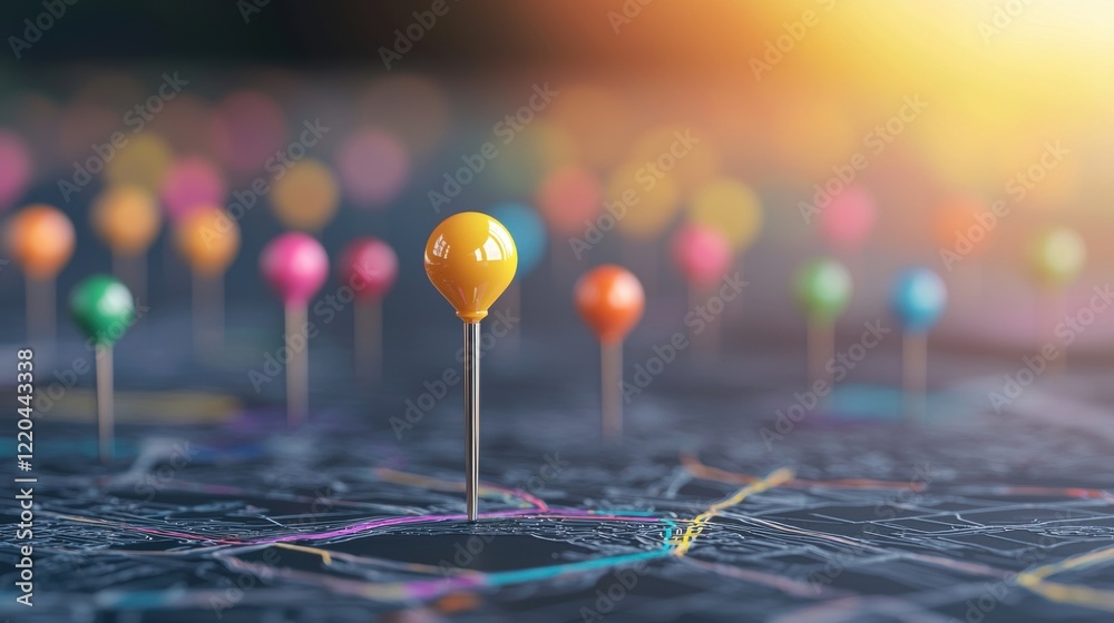 Fototapete icon pin location marker a group of colorful pin markers clustered together, top down view, vibrant 