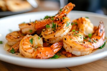 Tasty fried shrimps dish. Healthy seafood diet. 