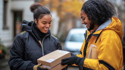 Delivery worker handing a package to a smiling customer, highlighting trust and service.