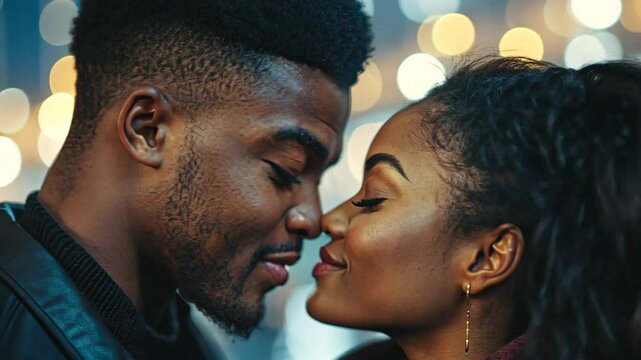 close up love black couple leaning for kiss at city street with bokeh light 