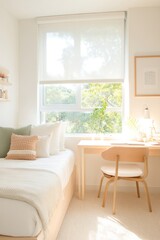 Fototapeta premium Bright, cozy bedroom featuring soft textiles, natural light, and