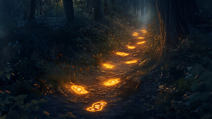 Fototapeta premium 20. The process of glowing footprints appearing on a path through a dark forest. (3)