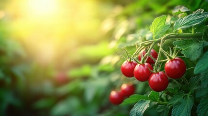 Obraz premium Ripe Red Tomatoes Growing On A Vine In Sunlight