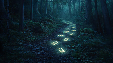 20. The process of glowing footprints appearing on a path through a dark forest. 