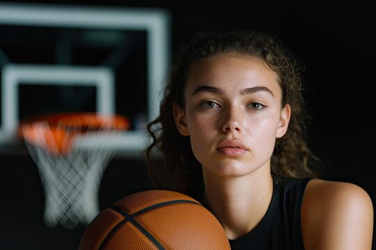 Intense portrait of young athlete holding basketball, focused ex