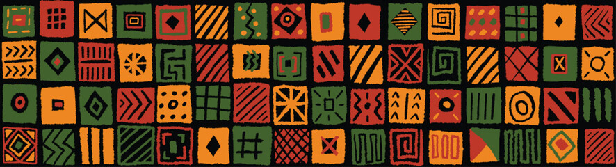 African inspired hand drawn square block tiles pattern with simple geometric lines and shapes. Bright colorful ethnic print, wallpaper, background design for Black History Month, Juneteenth, Kwanzaa