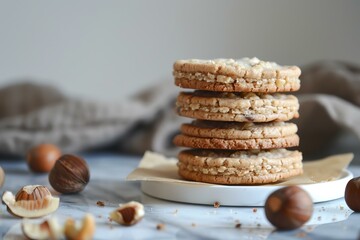 Four hazelnut cookies stacked on a small plate with loose hazelnuts scattered around on a marble surface