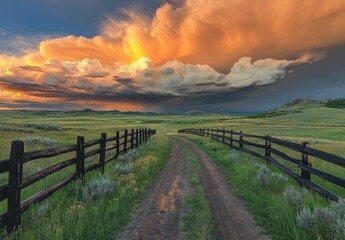 Obraz premium Scenic Sunset Over Rolling Hills with Dramatic Clouds and Dusty Pathway Surrounded by Rustic Wooden Fencing in a Tranquil Natural Landscape