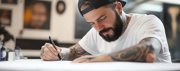 Tattoo artist creating a lifelike portrait design, blending artistry and technical mastery