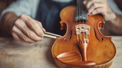 Violin maker fine-tuning the bridge of a handcrafted instrument, expertise in sound quality