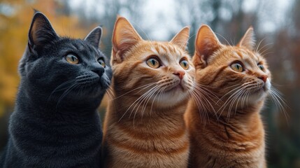 Three cats autumn forest alert outdoors nature