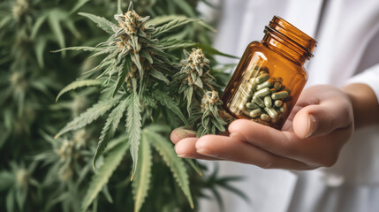 Doctor holding medical cannabis pills and plant in hands
