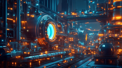 Futuristic Industrial Cityscape at Night with Glowing Lights