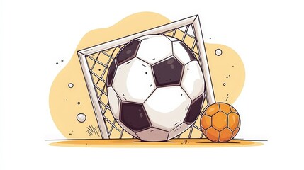 Illustration of Soccer and Handball Balls Near Goal Post on Abstract Background