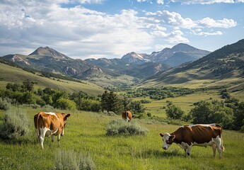 Naklejka premium Serene Pastoral Landscape Featuring Grazing Cows in Lush Green Fields with Majestic Mountains in the Background Under a Bright Blue Sky and Fluffy Clouds