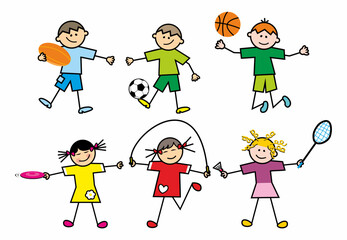 kids, children playing sports, girls and boys, set of sports equipment, football, rugby, skipping rope, frisbee, badminton, basketball, vector illustration