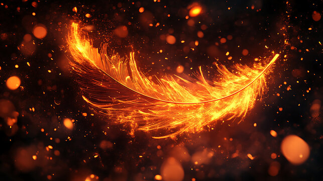 38. A glowing phoenix feather burning and scattering into glowing embers. 