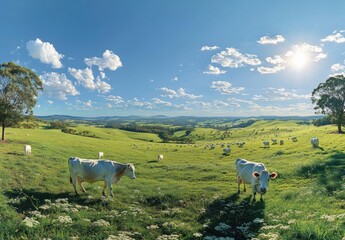 Fototapeta premium Serene Pastoral Landscape with Grazing Cows Under a Bright Blue Sky and Fluffy Clouds in a Lush Green Meadow, Capturing the Essence of Tranquility in Nature