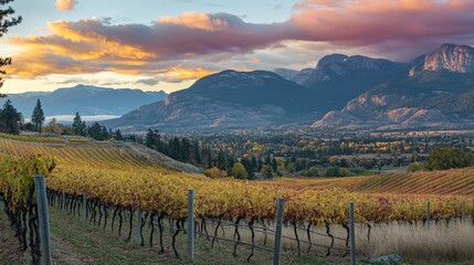 Fototapeta premium Autumn Vineyard Landscape Under Sunset Sky Mountains