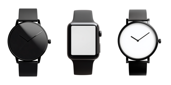 Set of Minimalist smartwatch with a blank screen isolated on transparent background, cut out