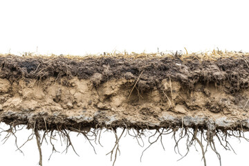 Fototapeta premium An up-close view of soil layers showcasing rich organic material and intricate root systems, highlighting the complexity of earth's ecosystem.