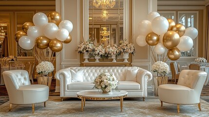 A room with a gold and white theme, decorated with balloons and flowers, offering an elegant and sophisticated ambiance for upscale events, weddings, or luxurious party settings.