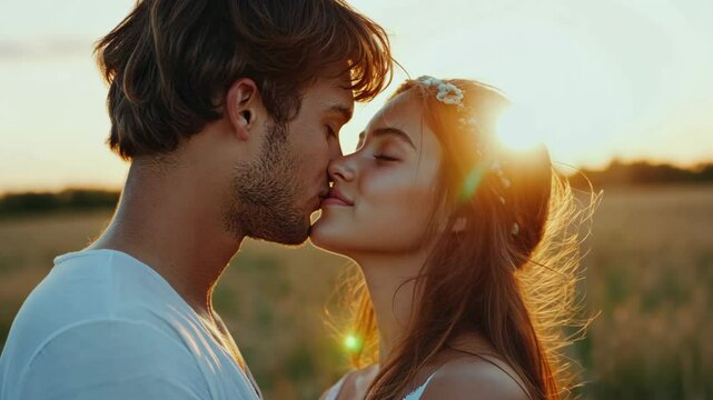 close up portrait young teenager man and woman love couple kissing with sunset light, dreamy romantic love , nostalgia vibes	
	
