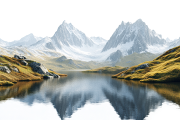 Breathtaking view of snow-capped mountains reflected in a serene lake, surrounded by lush greenery and stunning natural beauty.